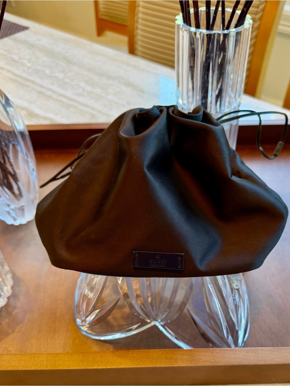 Brown Silk Drawstring Pouch Bag